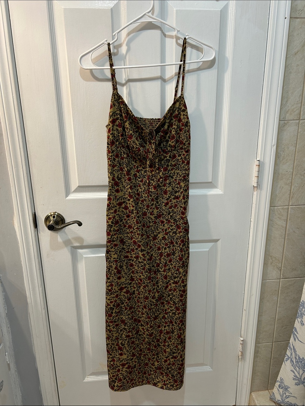 Floral Slip Midi Dress in Olive with Red Accents